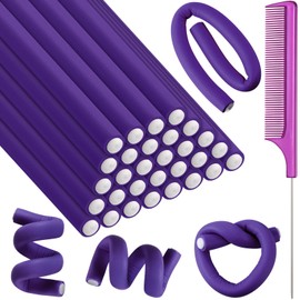 Syhood 30 Pcs 7'' Flexible Curling Rods Twist Foam Hair Rollers Soft Foam No Heat Hair Rods Rollers and 1 Steel Pintail Comb Rat Tail Comb for Women Long Short Hair(Purple,7 x 0.47 Inch)