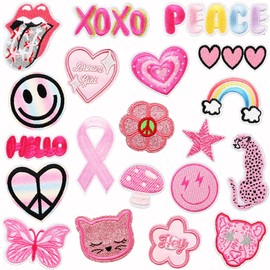 20 Pieces Pink Embroidered Iron On Patches DIY Accessories, Bright Colors Cute Iron On Patch Applique for Clothes, Dress, Hats, Jeans, Bag, Backpack, DIY Accessories Embroidered Iron on Patches