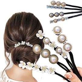 Hair Bun Maker with Pearl Flower Decor, 4Pcs Lazy Hair Curler French Twist Hairstyle Bun Former Maker Vintage Hair Styling Accessories,Reusable DIY Quick Bun Maker for Thin Hair