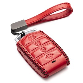 Vitodeco Genuine Leather Smart Key Fob Case Cover Protector with Leather Key Strap Compatible for 2017-2020 Genesis G70, G80, G90 (4-Button with Remote Start, Red)