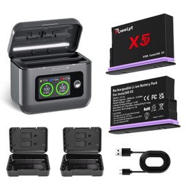 PoweLyt 360 X5 Battery 2 Packs 2800mAh Waterproof X5 Battery and 2 Slots 360 X5 Battery Charger with LCD Battery Level Display Can Store Micro SD Fully Compatible with Insta360 X5 Action Camera