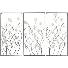 Deco 79 Metal Floral Home Wall Decor Wall Sculpture with Capiz Accents, Set of 3 Wall Art 20"W, 40"H, Black