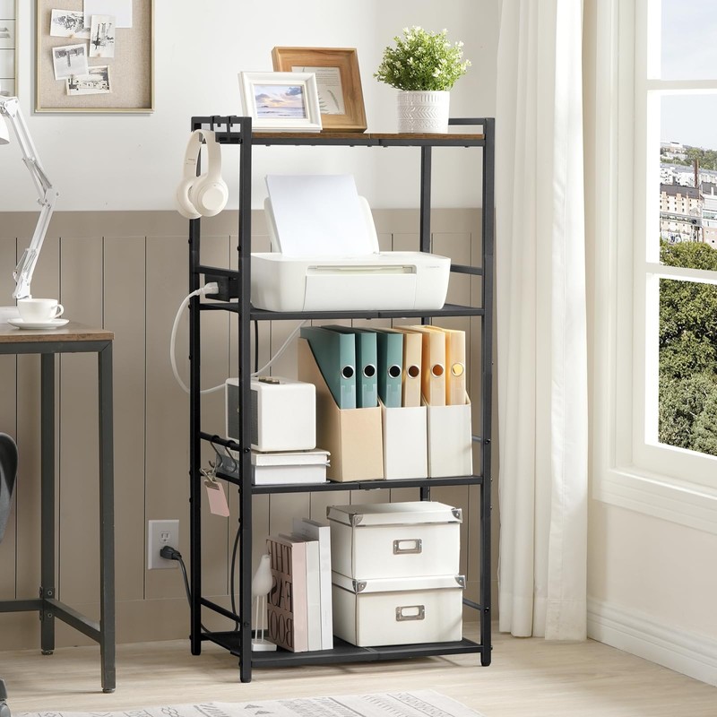 MAHANCRIS Bakers Rack with Power Outlet, Microwave Stand with Hooks,