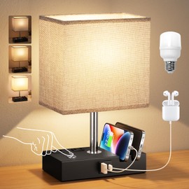 Kakanuo Nightstand Lamp for Bedroom with Dual USB Ports, Grey Touch Control Bedside Table Lamp with Charging Outlets and Phone Stands, 3-Way Dimmable Desk Lamp for Living Room, LED Bulb Included
