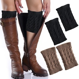 HSLPSM 2 Pairs Women's Short Leg Warmers, Winter Warm Short, Leg Warmers, Knitted Leg Warmers for Women and Girls (Khaki, Black), black