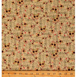 Springs Creative Cotton Give Thanks Sunflowers Words Writing Thanksgiving Holiday Autumn Seasonal Tan Cotton Fabric Print by The Yard (64341-B770710)
