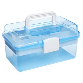 Caja de almacenamiento organizadora portátil de mano portátil de plástico azul claro transparente de 25,4 centímetros, estuche con bandeja extraíble