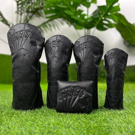 Poker Card Design Golf Club Head Cover, 4 Counts/set Waterproof & Durable Golf Club Head Cover, Golf Wedges Accessories for Hybrid Drivers Track Wooden Cover, Golf Bag:_Black_Hybrid
