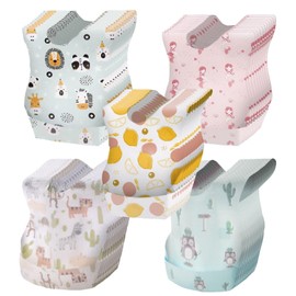 Grillix Pack of 50 Disposable Bibs for Children, Disposable Travel Bibs, Baby Bibs for Family, Travel, Nursery 0-3 Months and Girls in 5 Patterns, White, s