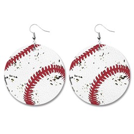 Retro Sports Ball Shape Leather Dangle Earrings Dainty Baseball Earrings for Women Jewelry(A)