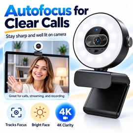 4K Webcam with Ring Light for Video Calls – 1080p 60fps Autofocus USB Camera for Streaming and Home Office