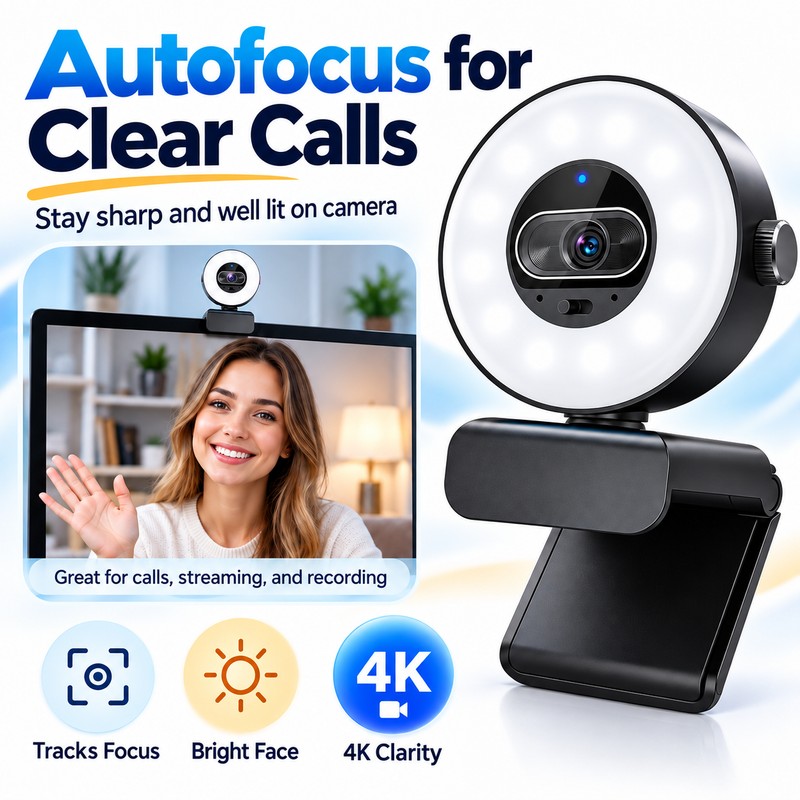 4K Webcam with Ring Light for Video Calls – 1080p