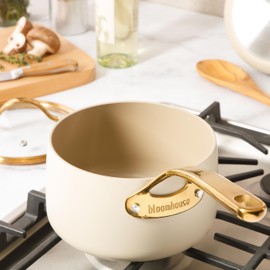 Bloomhouse - Oprah's Favorite Things - 3 Quart Heavy Duty Aluminum Premium PFA Free Ceramic Nonstick Saucepan with Lid - Linen White with Gold Handle