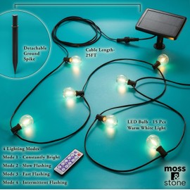 Moss & Stone Solar Outdoor String Lights 25 Ft with 15 Edison Bulbs, Outdoor Lights for Patio LED Bulb G40 Warm White Light, Waterproof for Christmas Party, Garden Porch Deck, USB Charging,