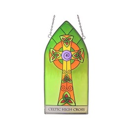 Royal Tara Stained Glass Window Hang Irish Suncatcher with High Cross and Celtic Knots Design