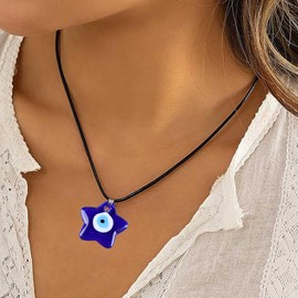 Atentuyi Boho Star Evil Eye Necklace Big Blue Eye Pendant Necklace Choker Turkish Glass Leather Black Rope Chain Necklace Jewelry for Women and Girls Lucky Protection Gift