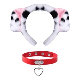 Ngdhkd 2Pcs Hairy Spotted Dog Ears Headband Red Heart Collar Leather Collar Dog Collar Dalmatians Suit for Adult Valentines Day Accessories Party Supplies