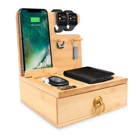 iCozzier Bamboo Phone Holder Desktop Docking Station with Drawer Key Wallet Watch Wooden Stand Bedstand & Desk Mounts Table Organizer