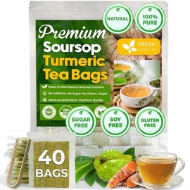 Premium 40 Soursop Turmeric Tea Bags, 100% Natural, Blend of Soursop Leaves, and Turmeric Root. Made with Natural Material Tea Bags. No Sugar, Vegan. - Size: 40 Tea Bags