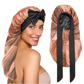 BHAHB Silk Feeling Long Satin Bonnet for Sleeping Adjustable Double Layer Elastic Reusable Long Hair Caps Cute Women Girls-Block