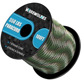 WEREWOLVES 550lb Paracord/Parachute Cord - 7 Strand Core Paracord Rope - Type III Parachute Cord 100', 200', Paracord for Camping, Hiking and Survival (200FT, Army Green Camo)