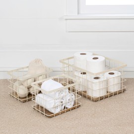 happimess BSK3004C-3SET Evvie Vintage Farmhouse Wire Metal Nesting Storage Baskets with Wood Base for Shelves, Cabinets, Pantry, Countertop, Mesh Open Bin Basket, Almond/Natural (Set of 3)