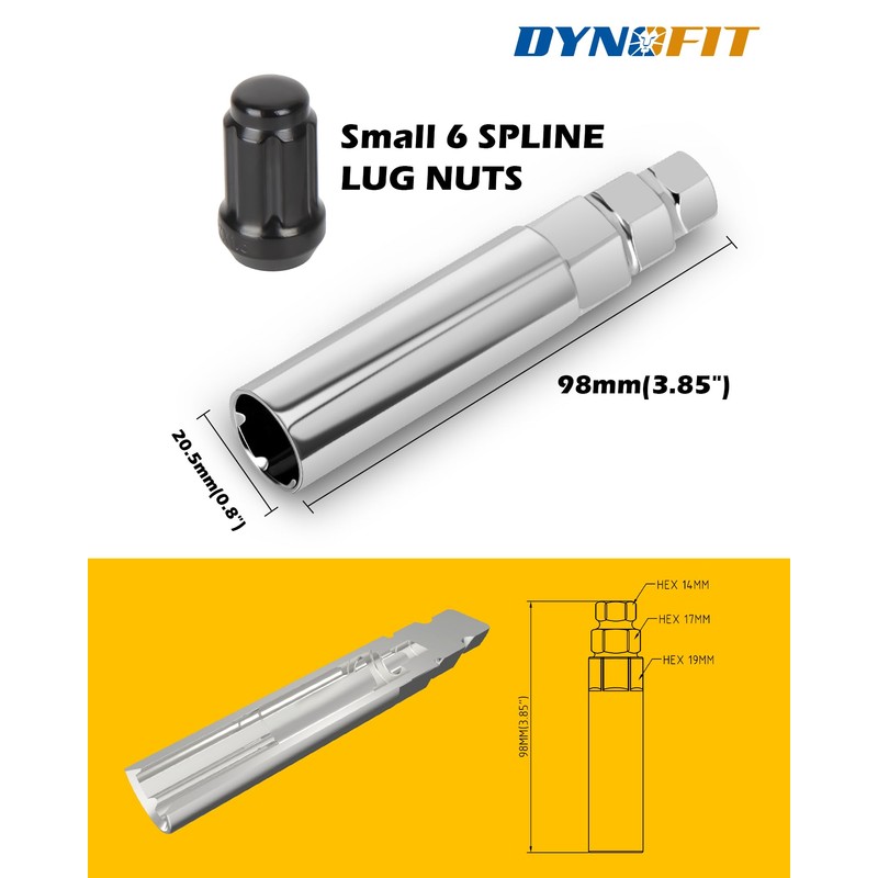 Dynofit 6 Spline Lug Nuts Socket Key, Universal Chrome Spike