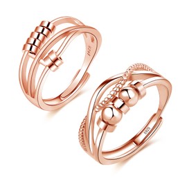 Loutade Silver Anxiety Rings, 2PCS 925 Sterling Silver Fidget Rings Set, Rose Gold Anti-Anxiety Fidget Ring with Beads Spinner Ring, Adjustable Open Infinity Bead Stress Rings Relaxing Gift for Women