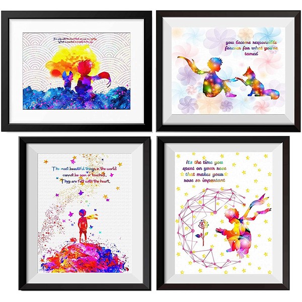 Uhomate 4 pcs Set The Little Prince Fox Le Petit Prince Little Prince Canvas Wall Art Baby Gift Inspirational Quotes Wall Decor for Living Room Decorations for Bedroom M028 (8X10)