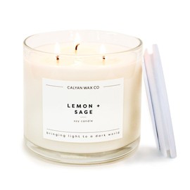 Calyan Wax Co. 3 Wick Candle, Lemon + Sage Scented Candle, 43 Hour Burn Time, 3 Wick Soy Candles, Non Toxic & Vegan Soy Wax, Glass Jar Scented Candles, 14.9oz