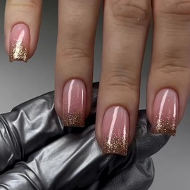 French Tip Press on Nails Glossy Pink Fake Nails Medium Square Gold Glitter Gradient French Acrylic False Nail Tips Cute Glue on Nails Winter Artificial Nails Full Cover Stick on Nails for Women