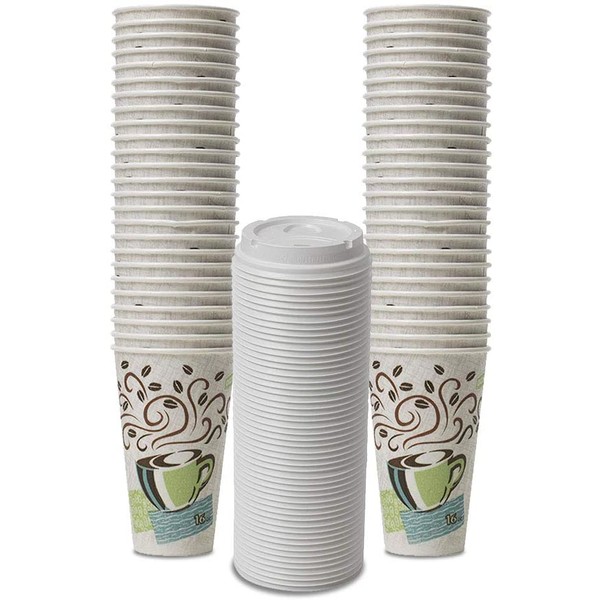 Dixie PerfecTouch WiseSize Coffee Design Insulated Paper Cup, 16oz Cups and Lids Bundle (16 oz, 50 Cups, 50 Lids)