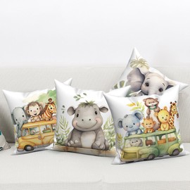 ChloropLastid Cute Animals Pillow Covers 20X20 inch Set of 4 Watercolor Cartoon Car Baby Elephant Lions Giraffes Hippo Koala Jungle Animals Cushion Case for Kids Bedroom Sofa Couch