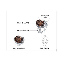 JewelryPalace Huge Oval 5.7ct Genuine Smoky Quartz Cocktail Rings for Her, 14K White Gold Plated 925 Sterling Silver Ring for Women, Natural Gemstone Jewellery Sets Rings Size 9.5