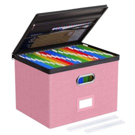 Oterri 1 Pack Large File Organizer Boxes with Lids, File Box with Mesh Pockets, Document Organizer Box for Legal/Letter Size Folders, Zippers Important Document Organizer (Pink, Without Folders)