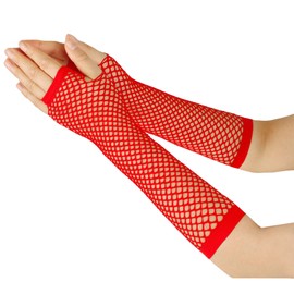 Seeksmile Women's Girls 80's Theme Party Emo Fingerless Arm Fishnet Gloves (Red)