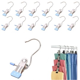 12PCS Clothes Pins, Hanging Clips, Hanger Clips, Hanger Hooks, Stainless Steel Portable Travel Hanging Hooks for Jeans, Hats, Boots, Towels (Blue)