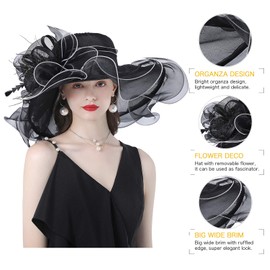 Z&X Women's Organza Church Derby Fascinator Wedding Tea Party Hat Organza Flower Wide Brim Sun Hat Black