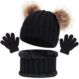 Hat Scarf & Gloves Set, Kids Winter Wear - Super Soft Beanie Hat, Fleece Knitted Scarf, and Comfy Knitted Gloves, 3-5 Years (Black)