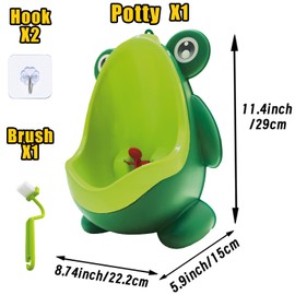 Frog Pee Training with Brush and Hooks, Green Cute Potty Training Urinal,Potty Training Toilet for Boys Kids Toddler with Funny Aiming Target,Frog Shape Pee Trainer