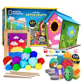 NATIONAL GEOGRAPHIC Mega Arts & Crafts Activity Kit – 3 Craft Kits in 1 to Build, Paint, Weave & Create, River Rock Painting Kit, Weaving Loom for Kids & DIY Birdhouse Craft with 25 Bonus Activities
