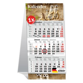PRIMUS PRINT Table Standing Calendar 2026-3 Monthly Calendar for Standing - Desk Calendar, Standing Calendar - 95 x 194 mm, 70 g Natural Paper, Includes Date Slider [Single - Meerkat]