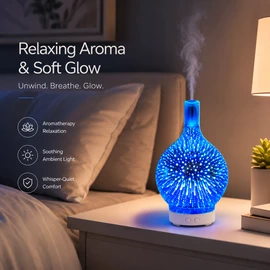 3D Glass Aroma Diffuser for Bedroom Decor – Vase-Style Ultrasonic Humidifier with Colorful Night Light