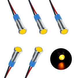 ZIMISI 5PCS 6MM 1/4" LED Indicator Light, AC/DC 12V-24V Metal Signal Pilot Lamp with 145mm Wire, Waterproof IP66 Auto LED Dash Lights for Cars Trucks Boats (Yellow)