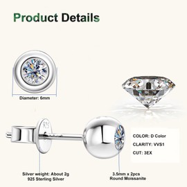 PROSTORY Gold Ball Moissanite Stud Earrings D Color VVS1 Clarity 925 Sterling Silver Trendy Ball Stud Earrings for Women or Men (Silver)