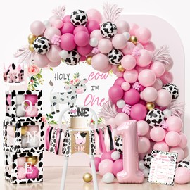 YJDFWAUT Holy Cow I’m One Birthday Decorations Party Supplies for Girl, Pink Cow First Birthday Party Decorations, Farm Cow 1st Birthday Party Supplies, 1st Birthday Girl Decoration