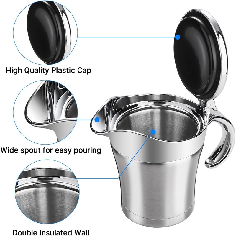 Stainless Steel Double Insulated Gravy Jug with Hinged Lid for