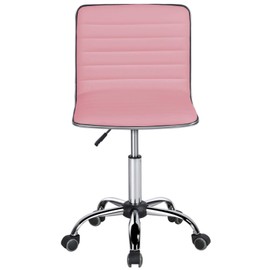 Yaheetech Executive PU Leather Office Chairs Ribbed Armless Task Chairs with Wheels, Adjustable Low Back Swivel Chairs Pink