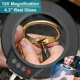 10X Magnifying Glass with Light and Stand, 2-in-1 Desk Lamp & Clamp Light, Seylae 5 Color Modes, Brightness Stepless Dimmable LED Lighted Magnifier Hands Free, Magnifier Lamp with Light for Close Work