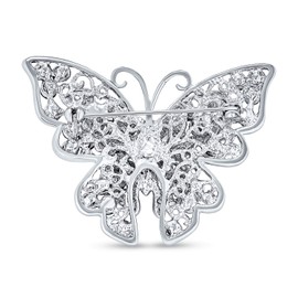 Large Blue Crystal Butterfly Brooch Pin for Women Fashion Statement Filigree Design Silver Plated Brass
